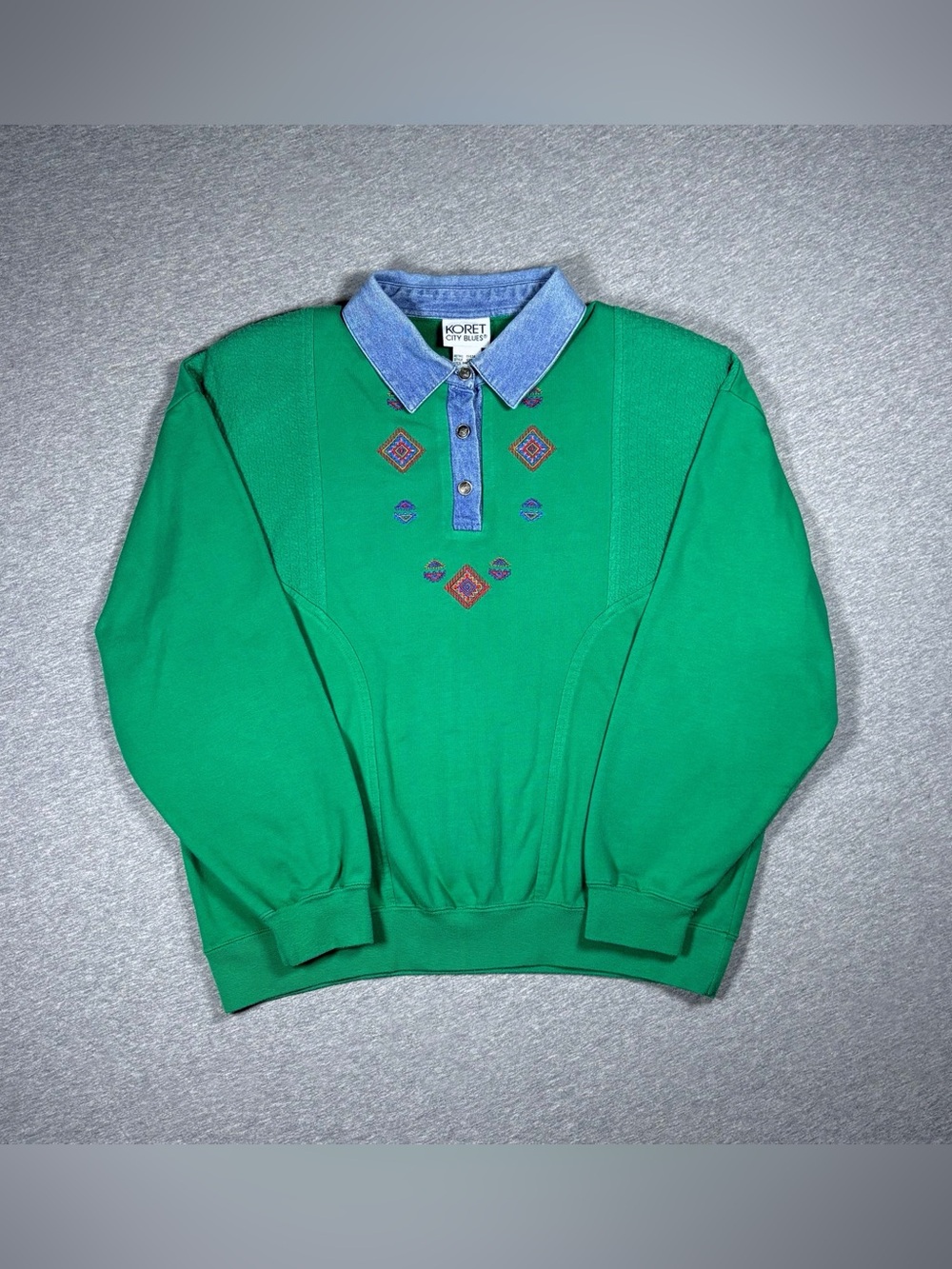 Vintage Aztec Print Collared Sweatshirt Women’s Med Green Embroidered Koret 90s